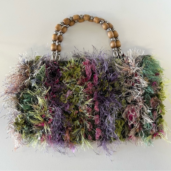 Multicolor Textured Handbag with Wooden Handle - Picture 2 of 4